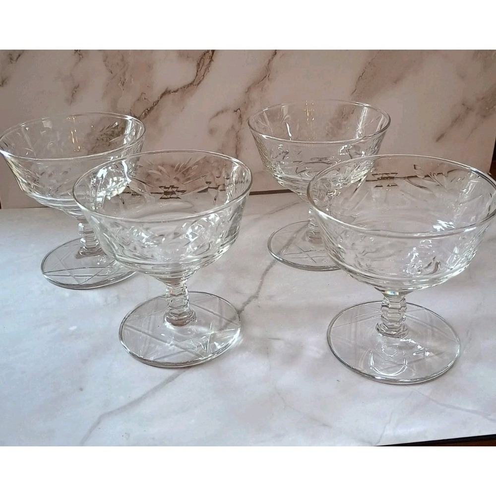 Rock Sharpe Normandy‎ Crystal Coupe Sherbet Etched Floral Leaf Glass Set Of 4